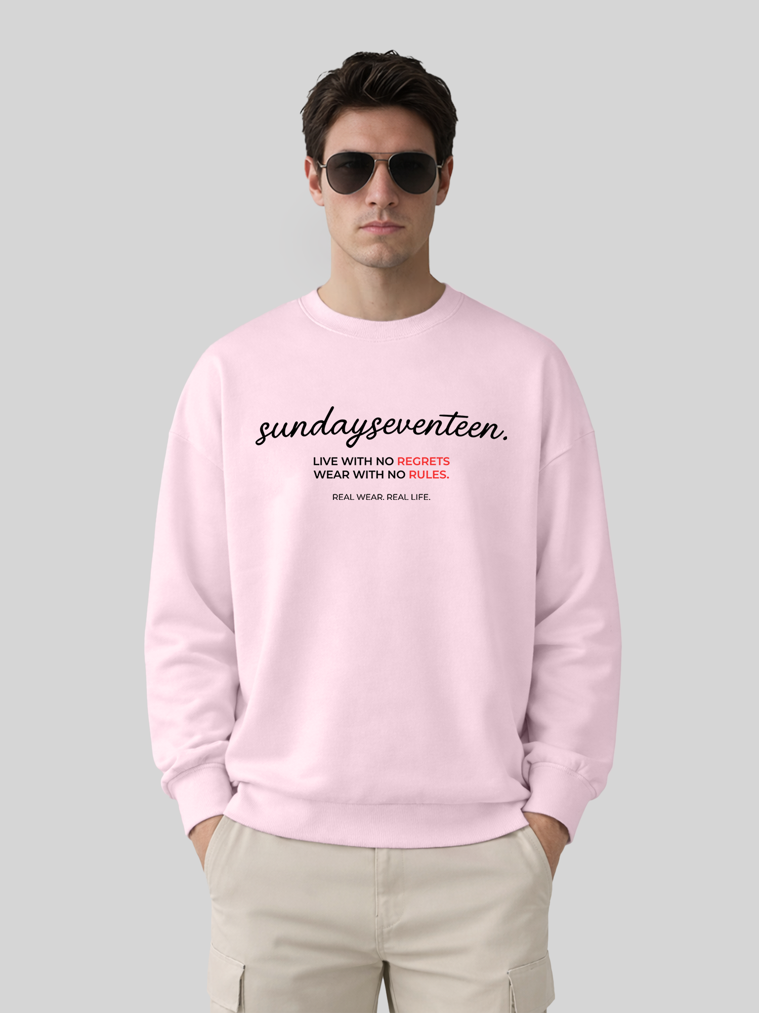 Men’s oversized orchid crewneck sweatshirt with Sundayseventeen front graphic front view