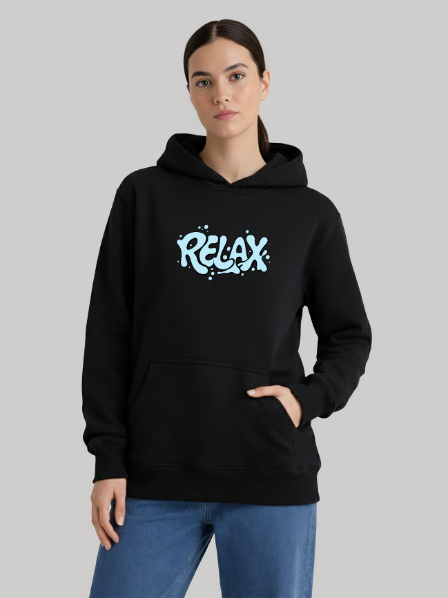 Black hoodie for women with RELAX graphic and front pocket