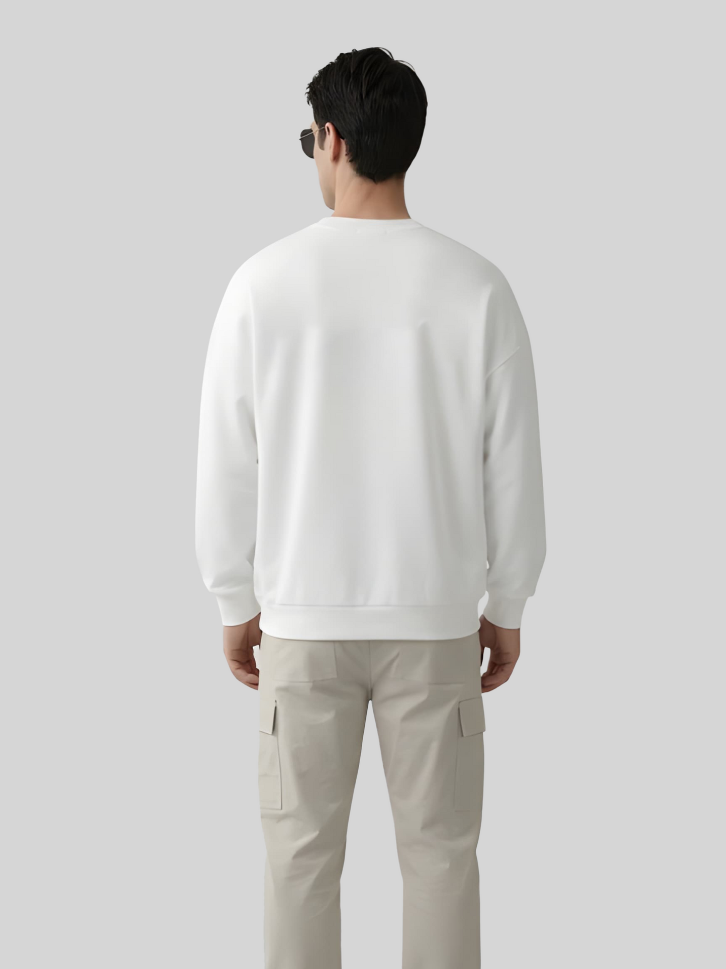 Men’s crewneck sweatshirt back view, minimalist casual fleece sweatshirt with clean plain back design