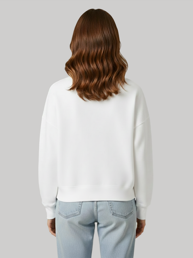 Back view of Ninthclause Soulful white sweatshirt for women with relaxed fit winter wear
