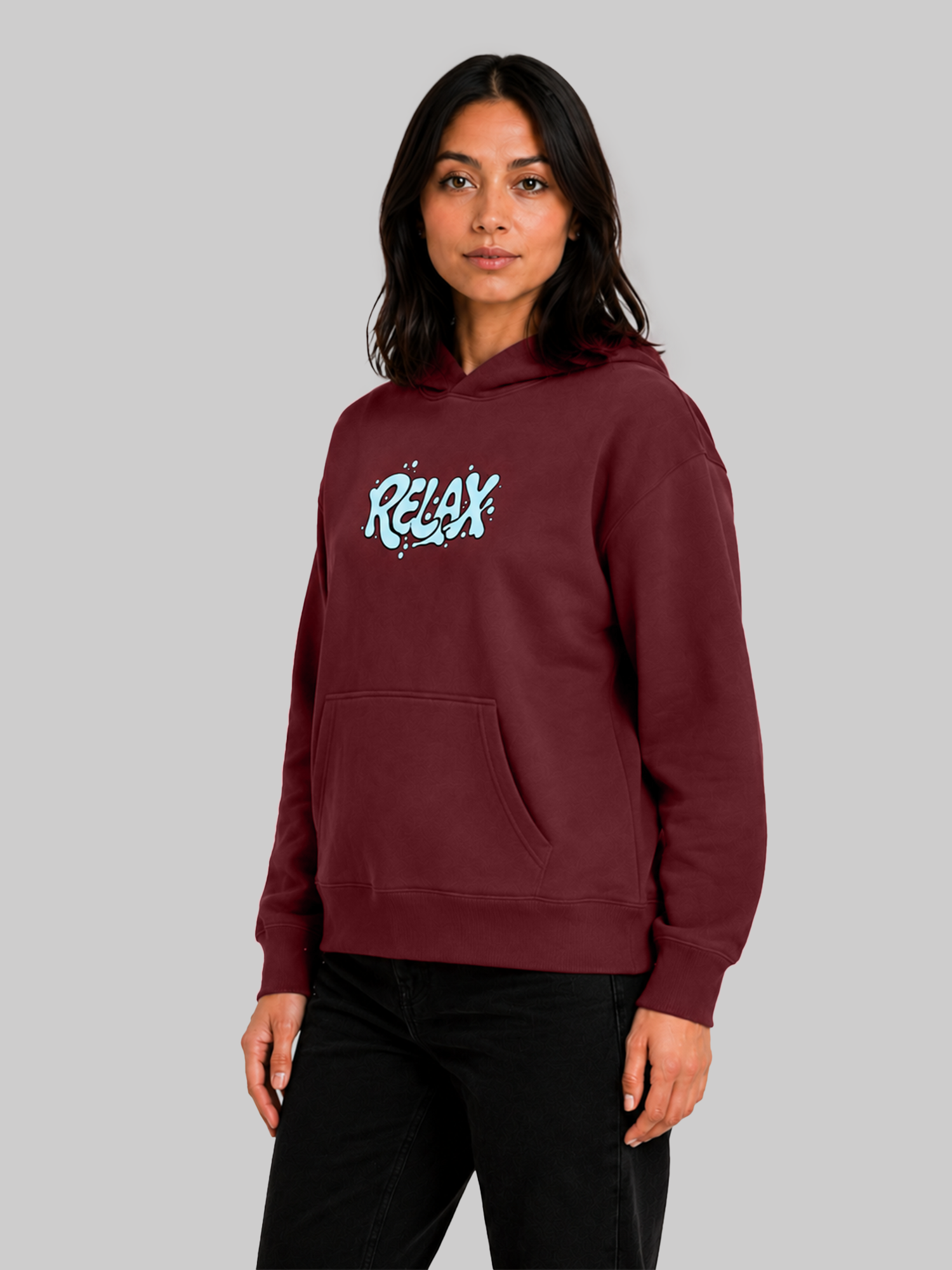 Maroon women's RELAX print hoodie with relaxed fit and casual streetwear look