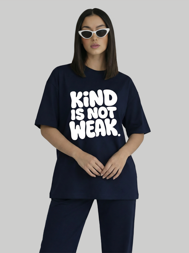 Navy blue oversized slogan t-shirt for women with Kind Is Not Weak print