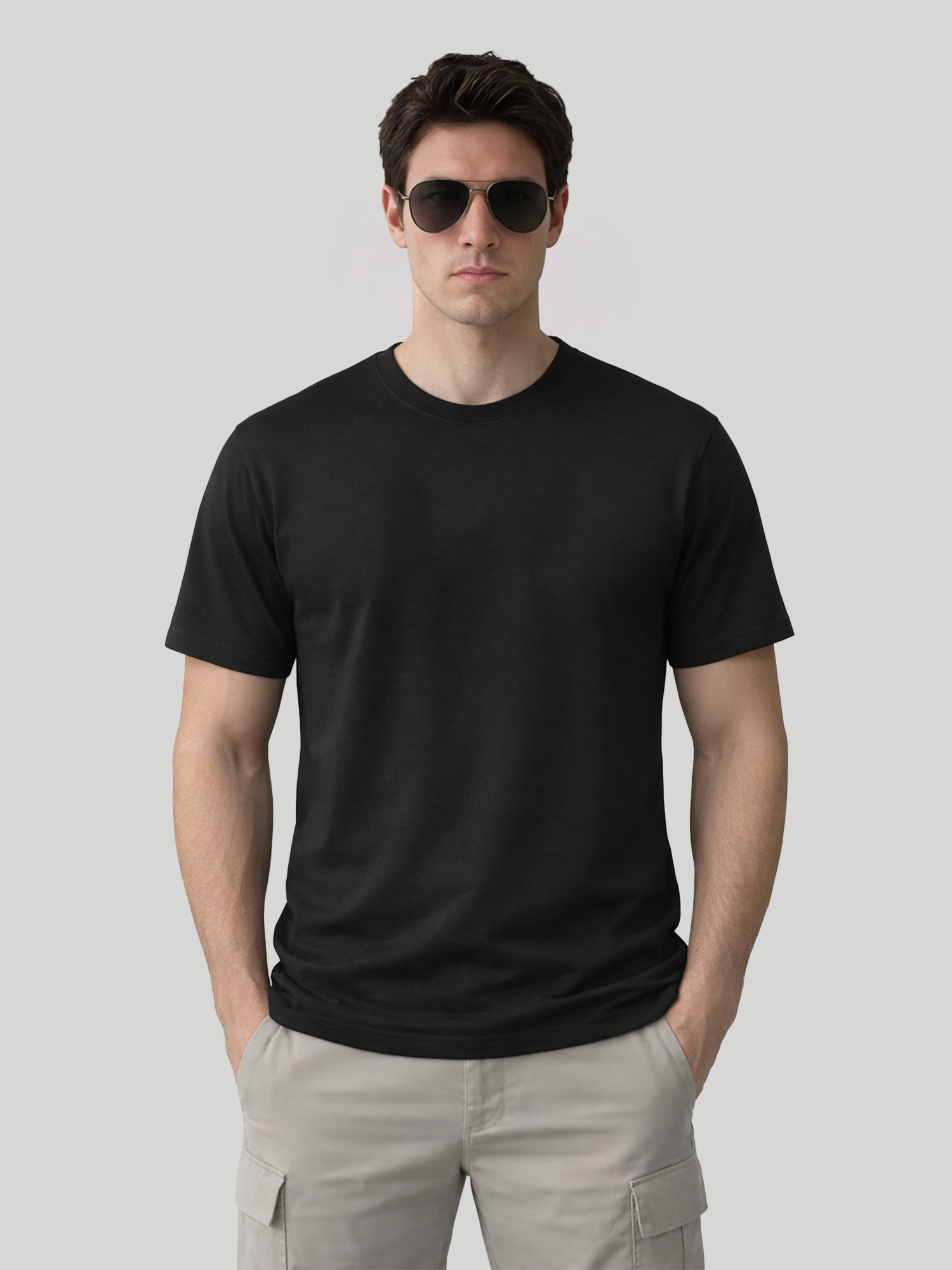 Men wearing Black regular fit crew neck t-shirt front view with sunglasses