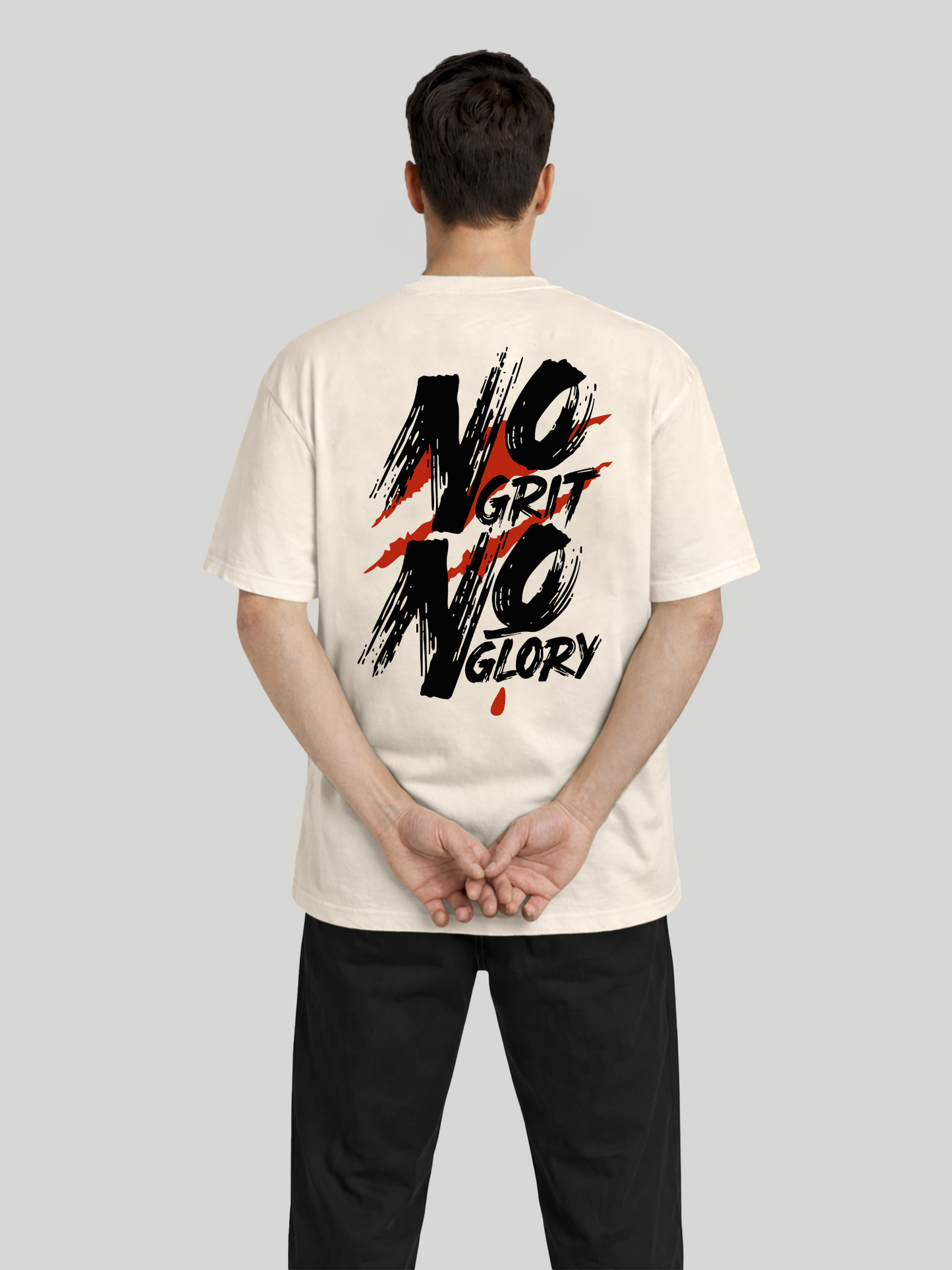 No Grit No Glory ecru oversized t-shirt for men full back view relaxed oversized fit