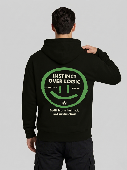 Instinct Over Logic black graphic hoodie for men back view with hand pose and statement print