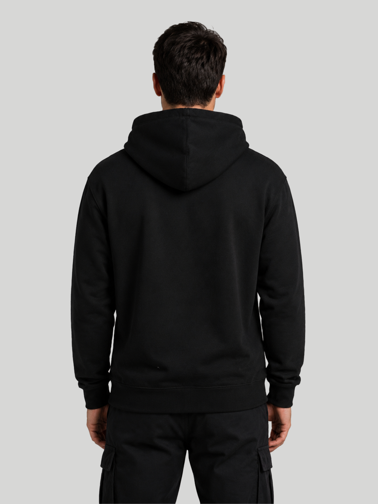Men's LABEL black hoodie back view with hooded design and premium cotton fabric