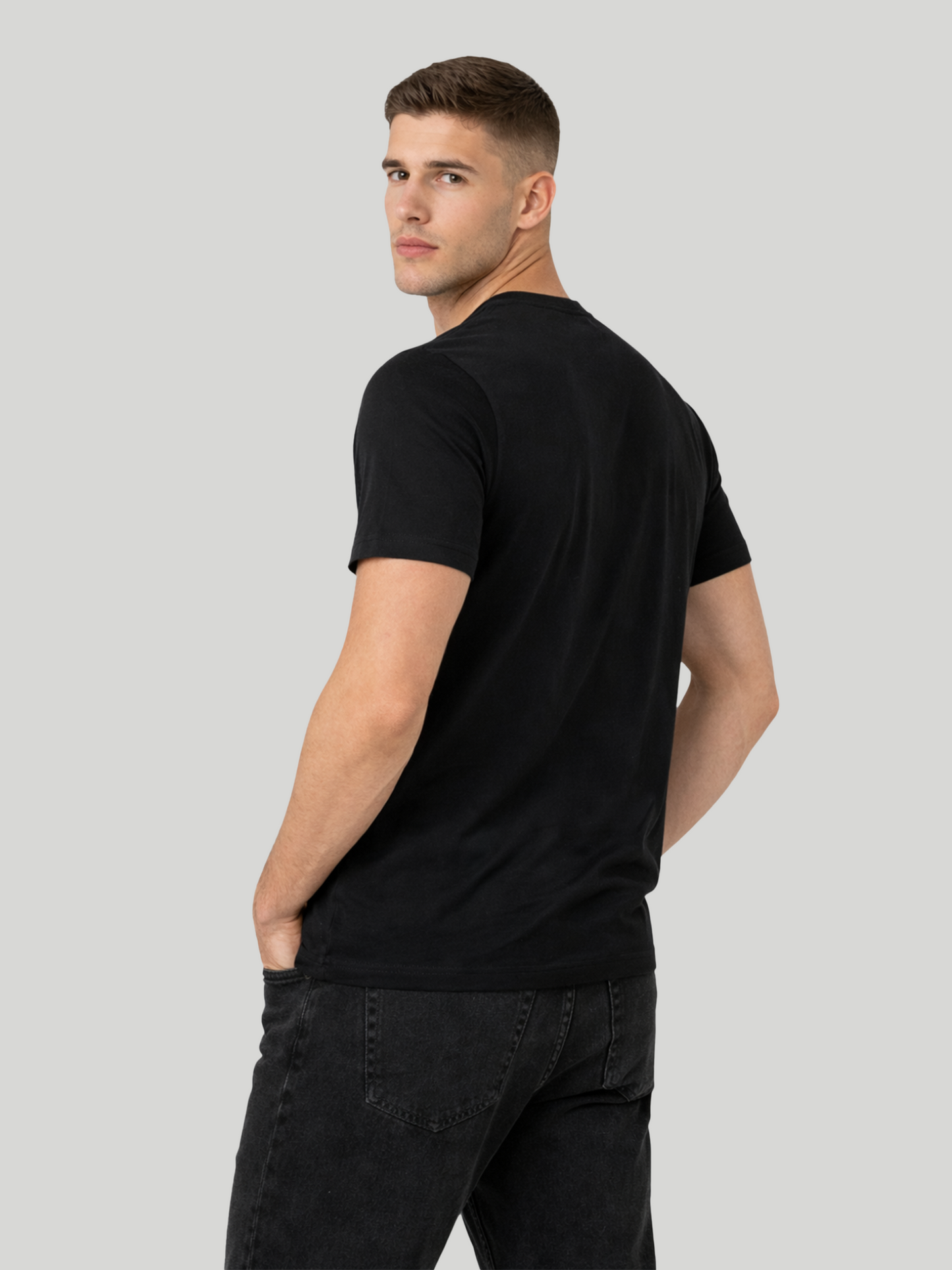Men’s Black regular fit smiley graphic printed t-shirt back angled view