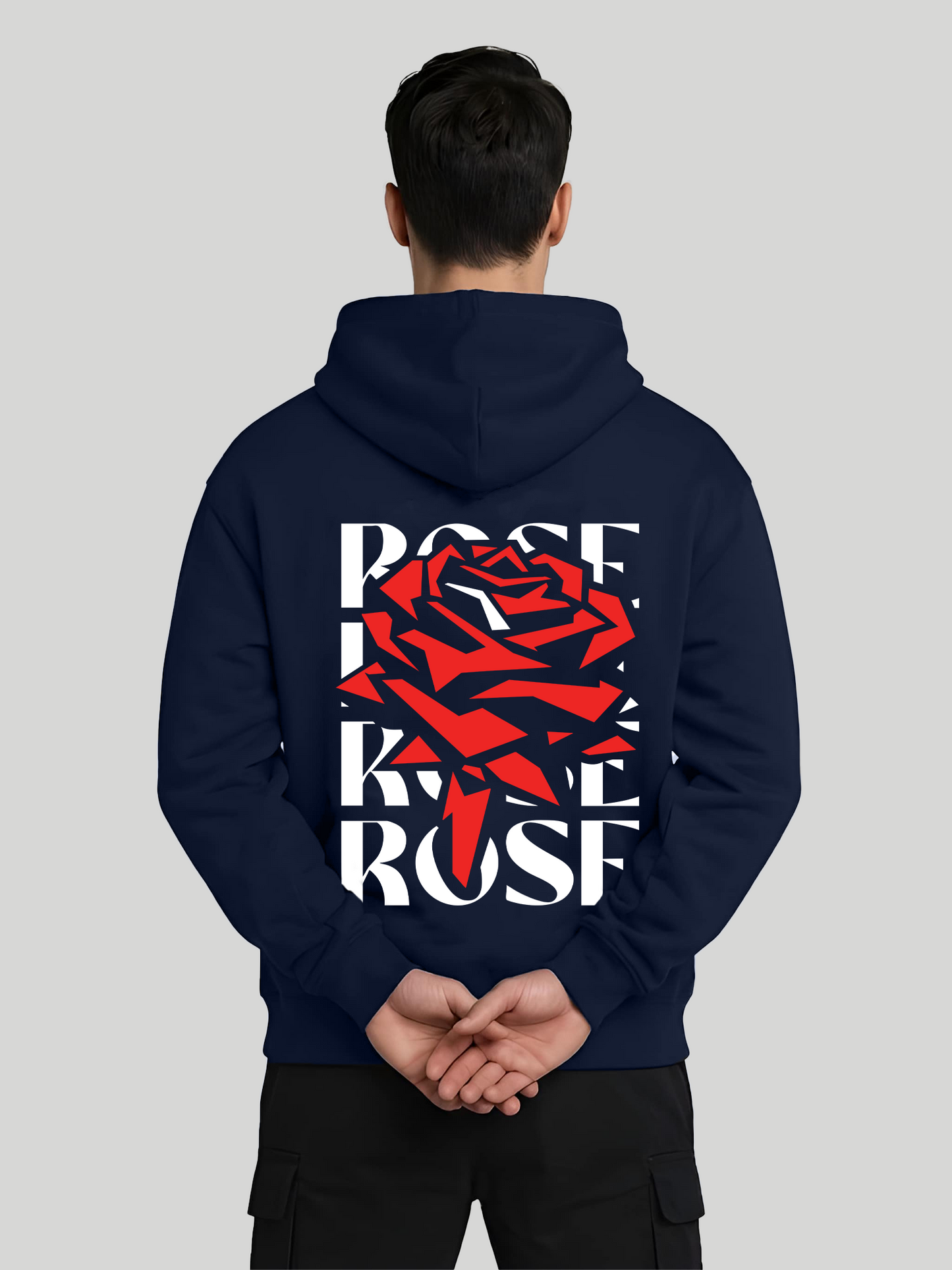 Red Rose navy blue graphic hoodie for men back view with hands behind pose and rose print