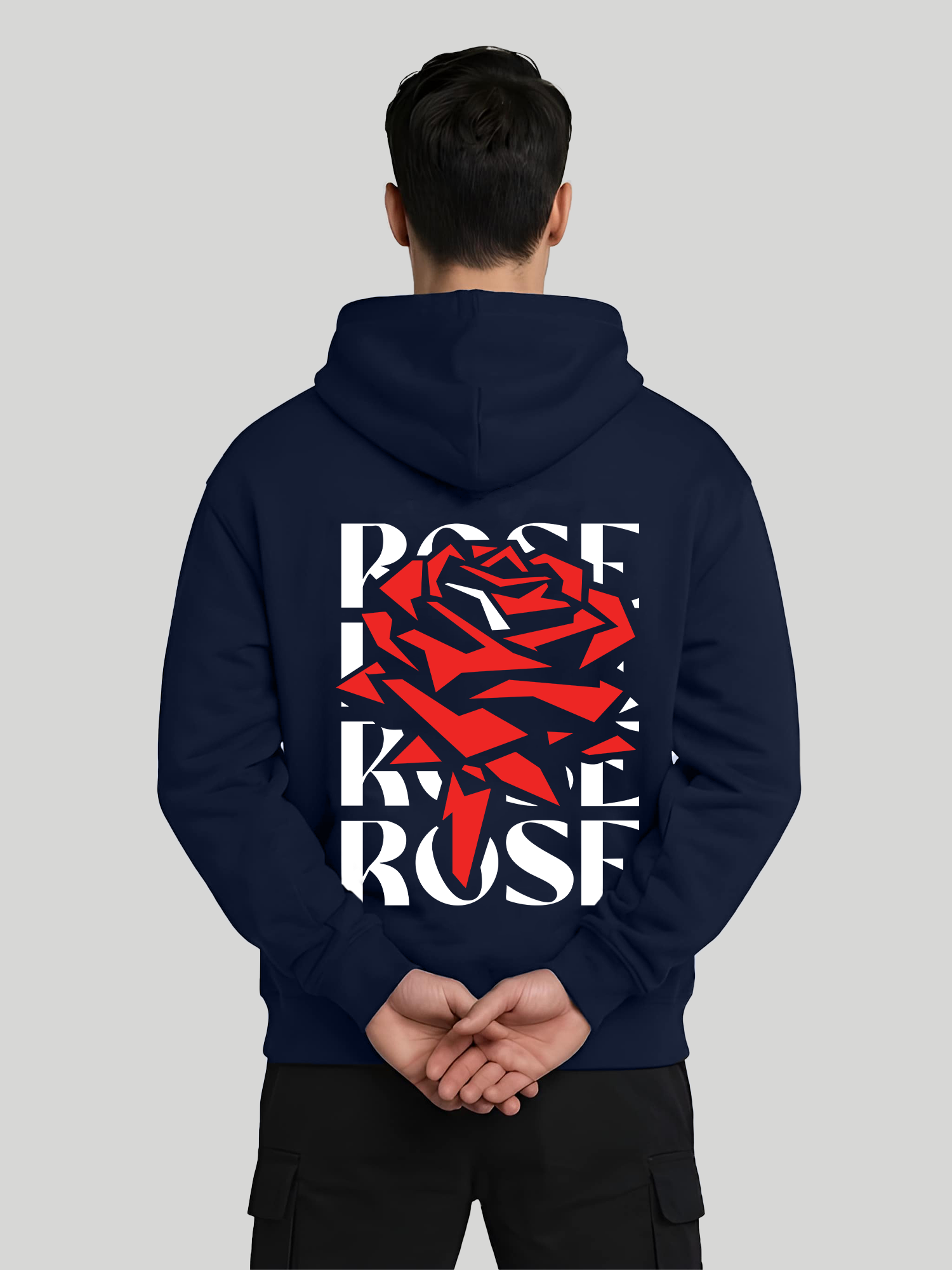 Red Rose navy blue graphic hoodie for men back view with hands behind pose and rose print