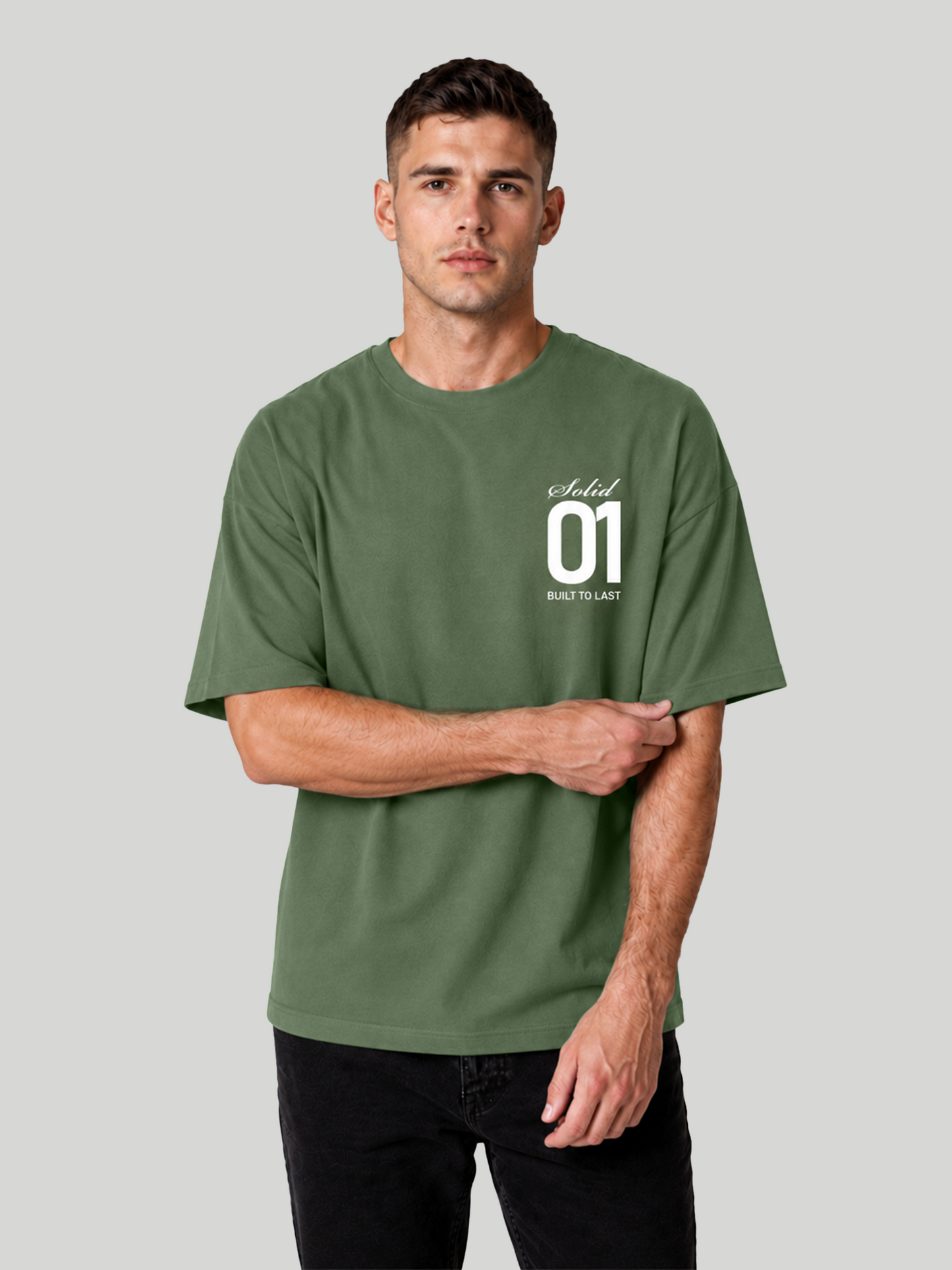 Men's Forest Green Oversized T-Shirt Sleeve Detail View – Relaxed Fit Streetwear Tee