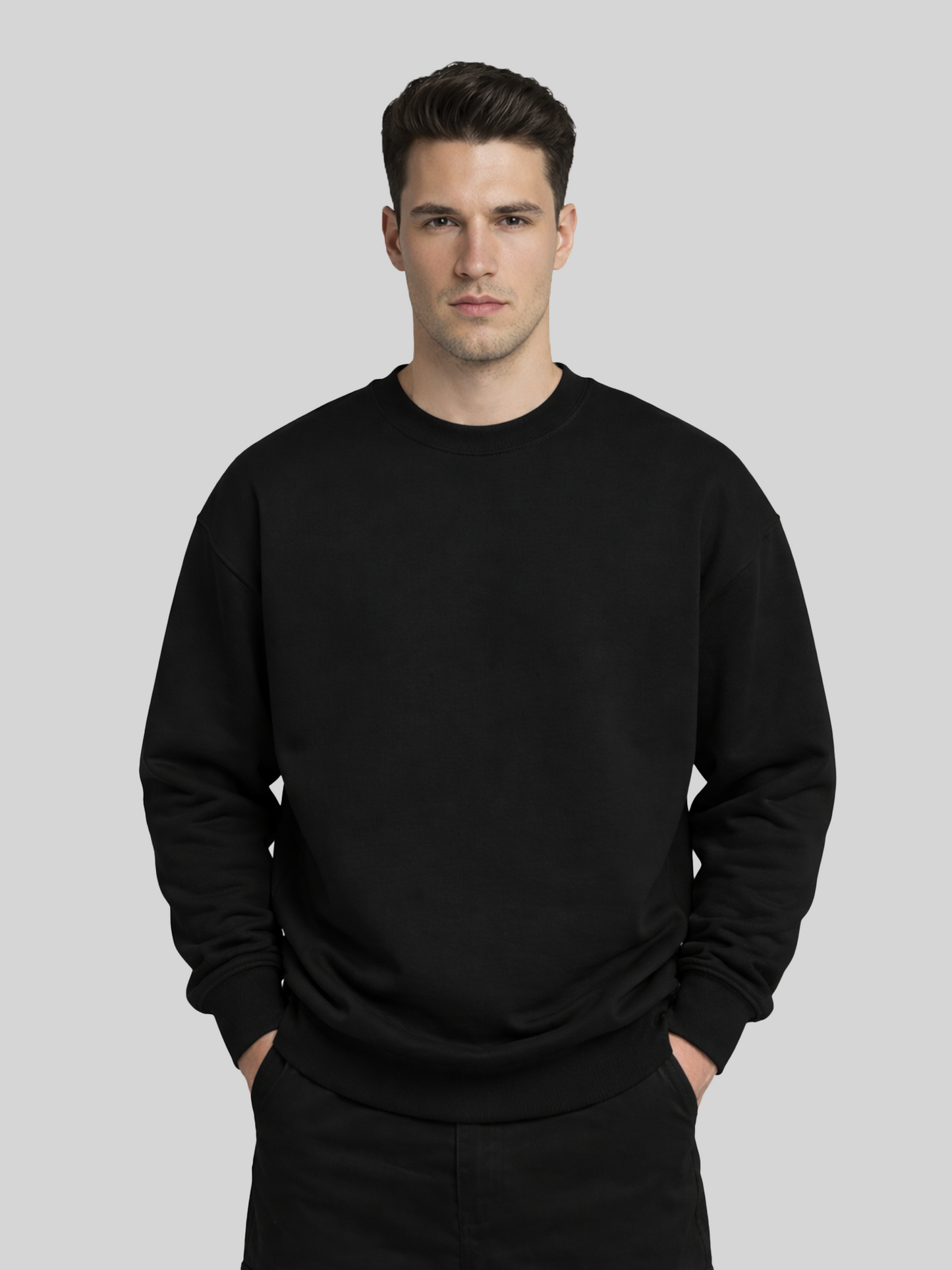 Men’s plain black crewneck sweatshirt front view, minimalist casual streetwear fleece pullover