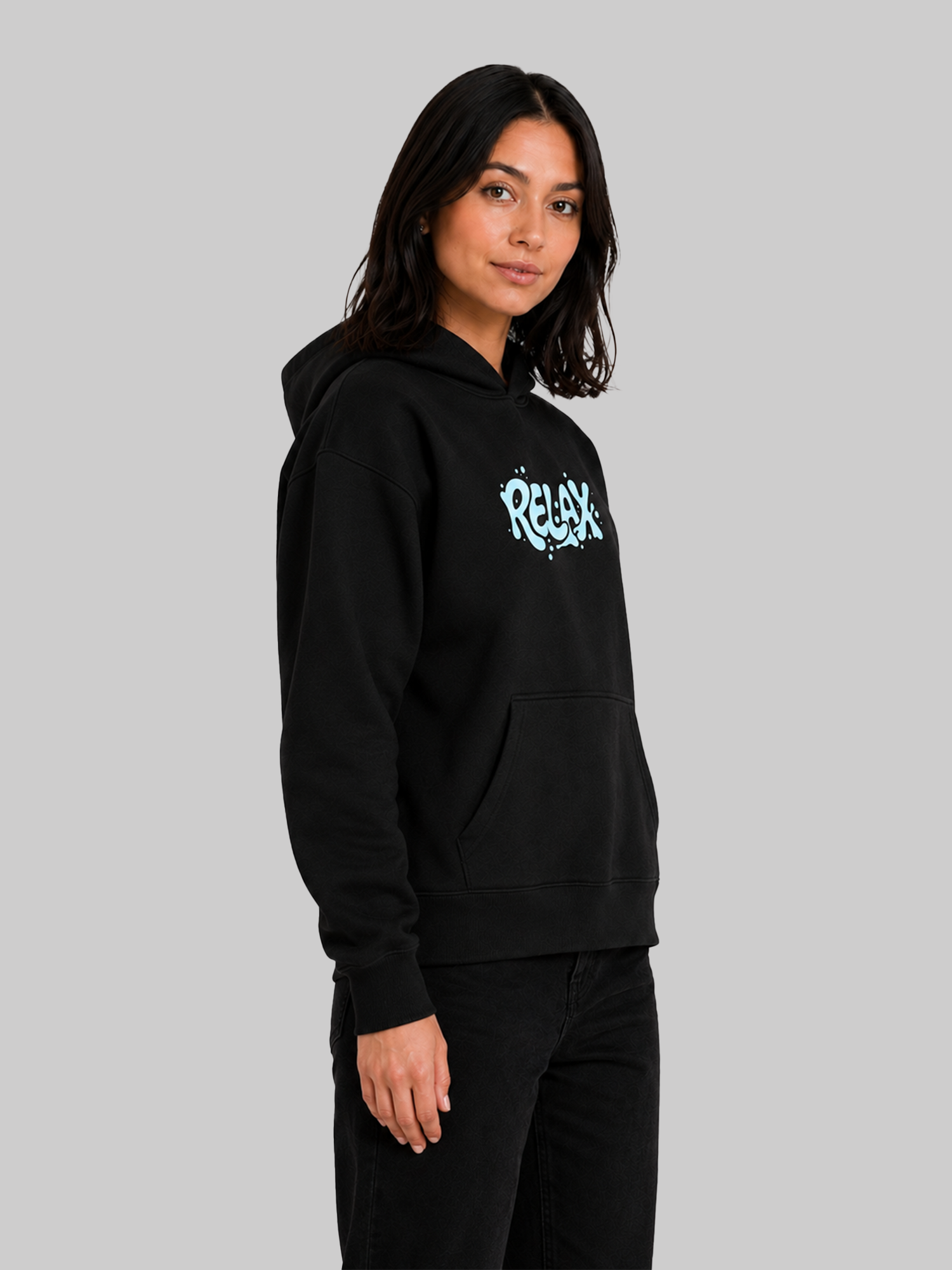 Black women's RELAX graphic hoodie with oversized fit and kangaroo pocket front view