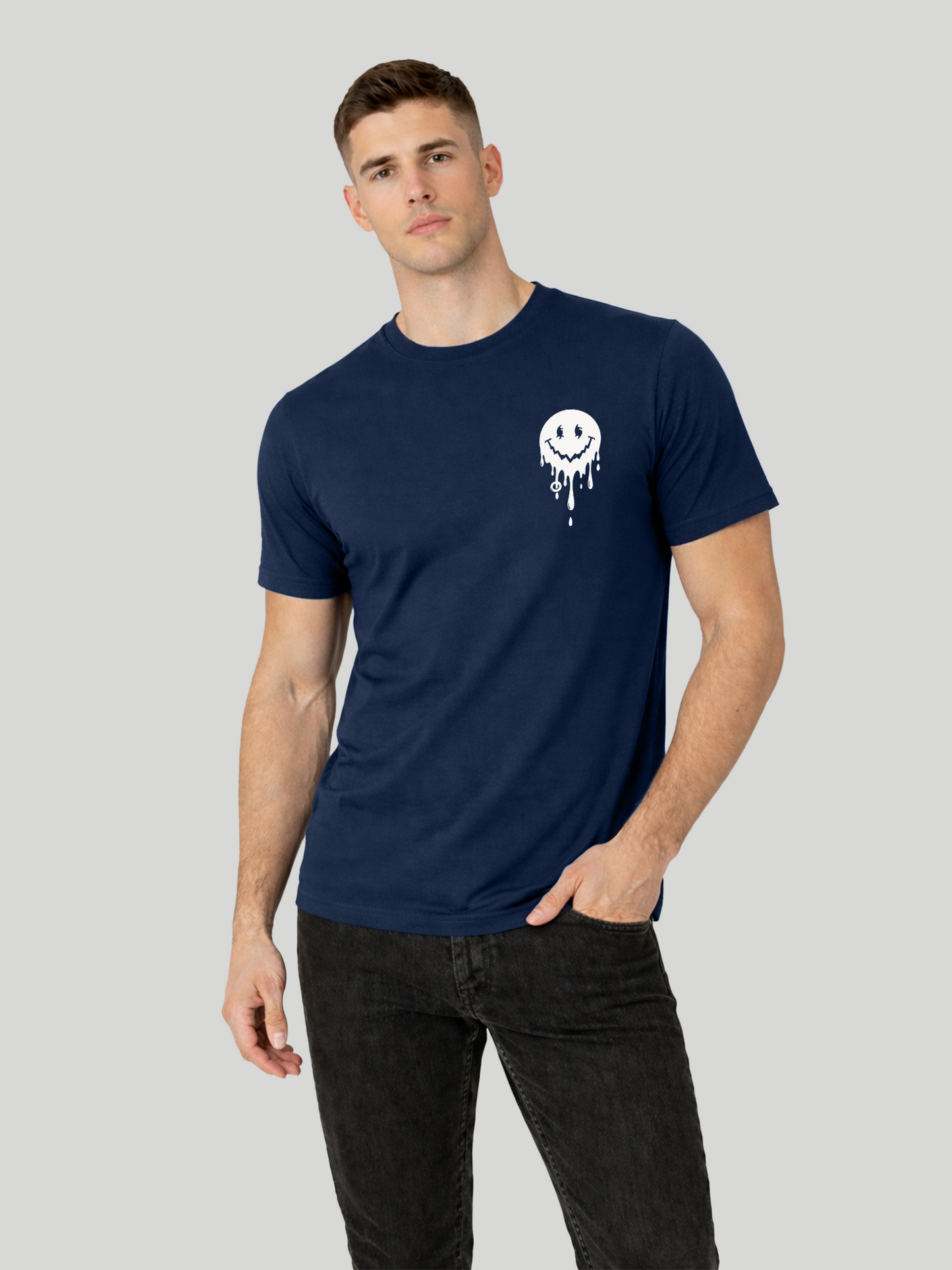 Men’s Navy Blue regular fit smiley graphic printed t-shirt front angled pose