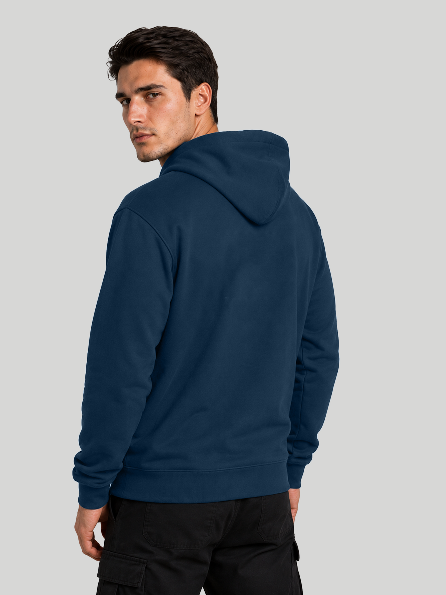 Men's LABEL navy blue hoodie back angled view with clean minimalist design