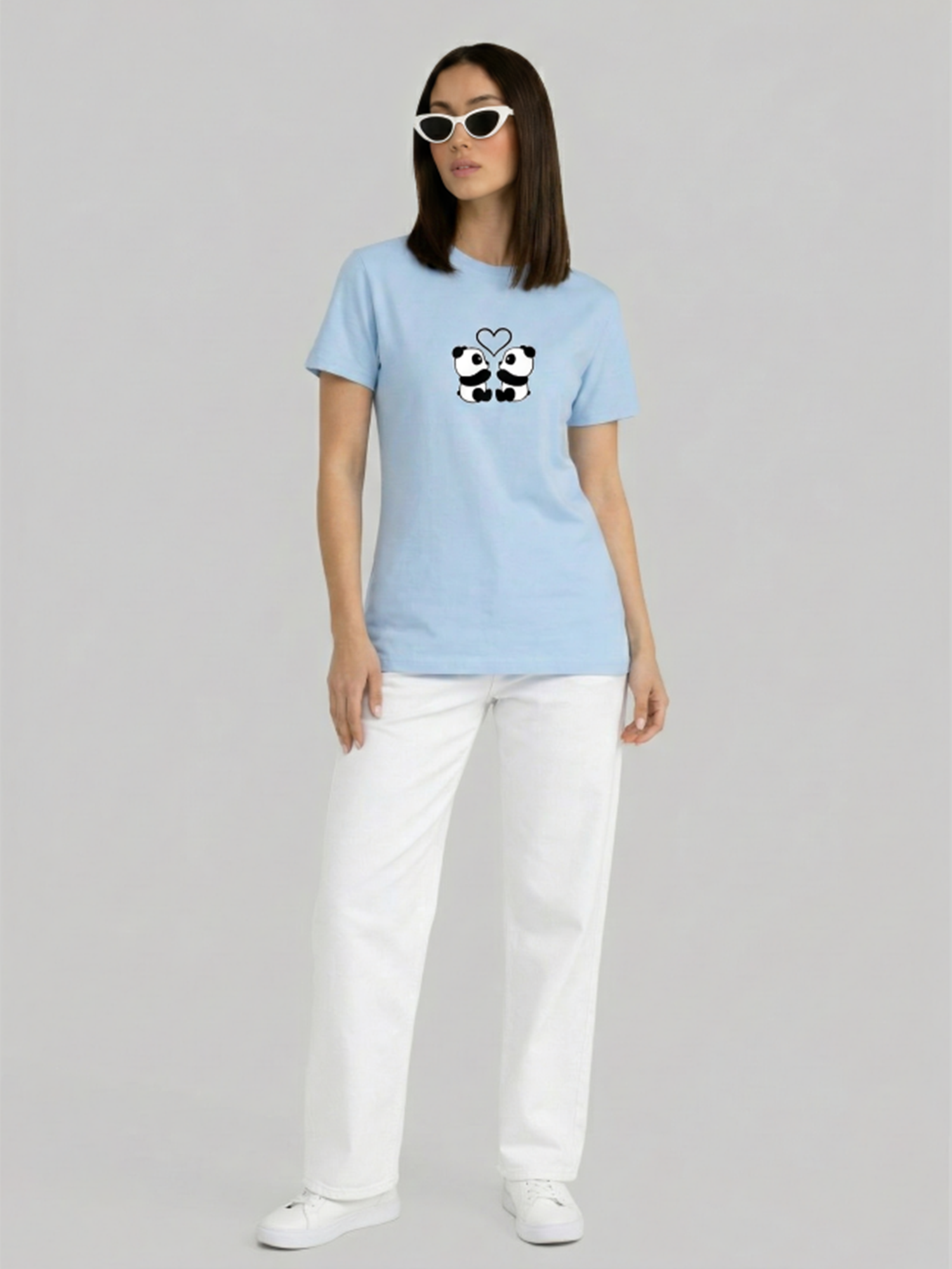 Women’s light blue regular fit t-shirt with panda graphic full body front view
