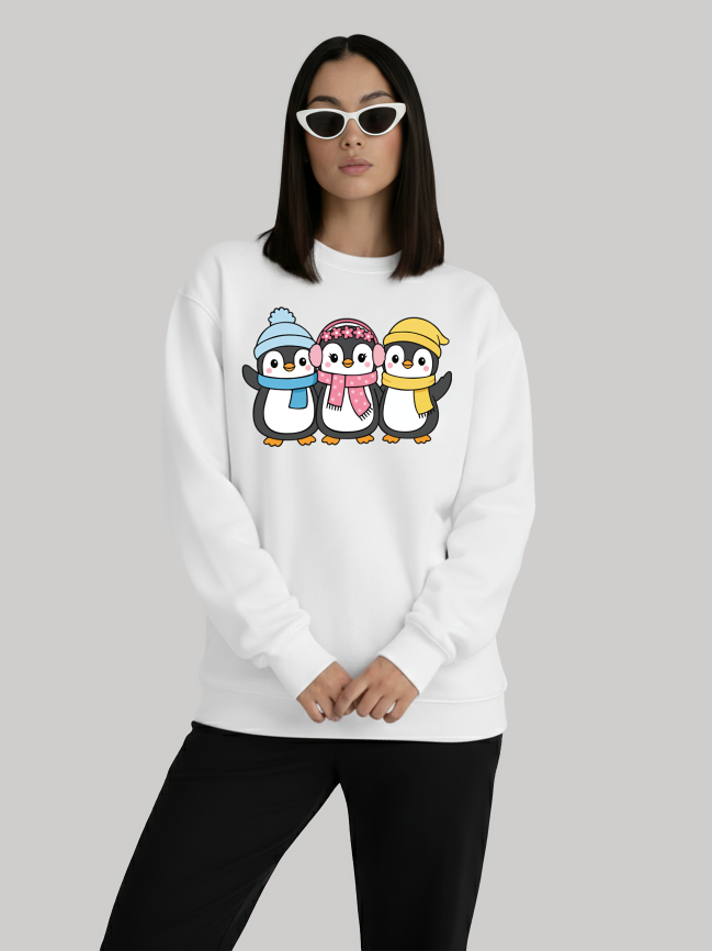 Febora white sweatshirt with penguin print and stylish winter streetwear look