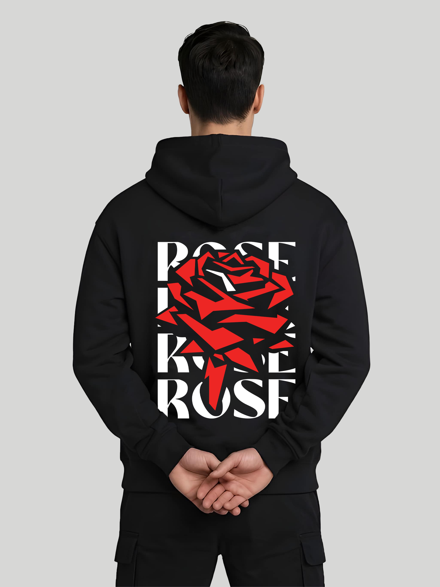 Red Rose black graphic hoodie for men back view with hands behind pose and rose print