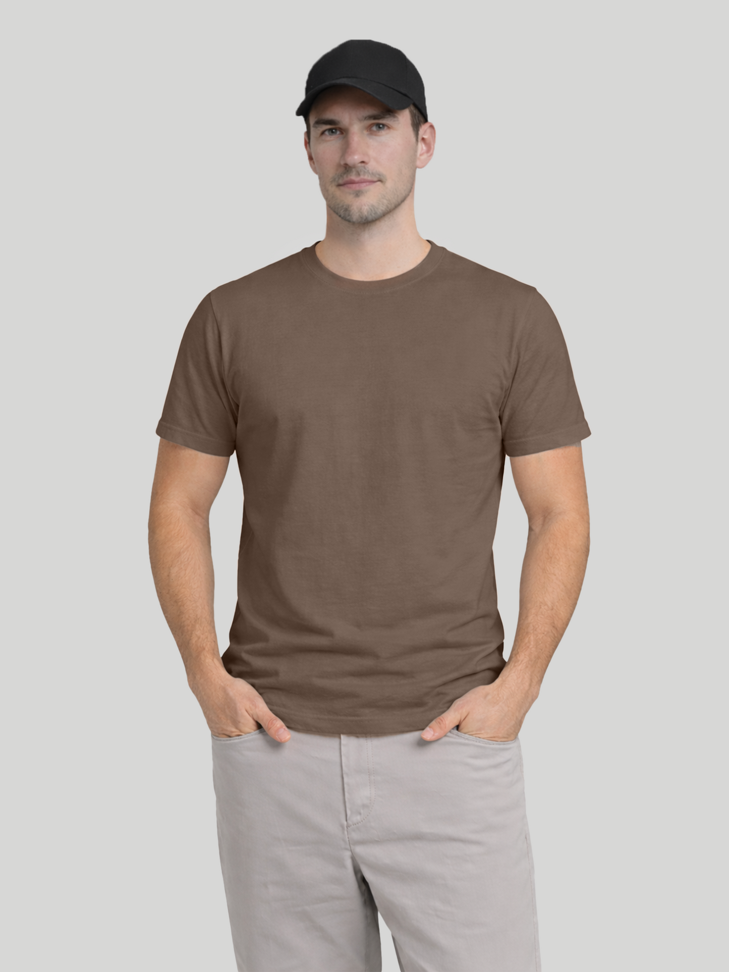 Men wearing Espresso regular fit crew neck t-shirt front view with black cap