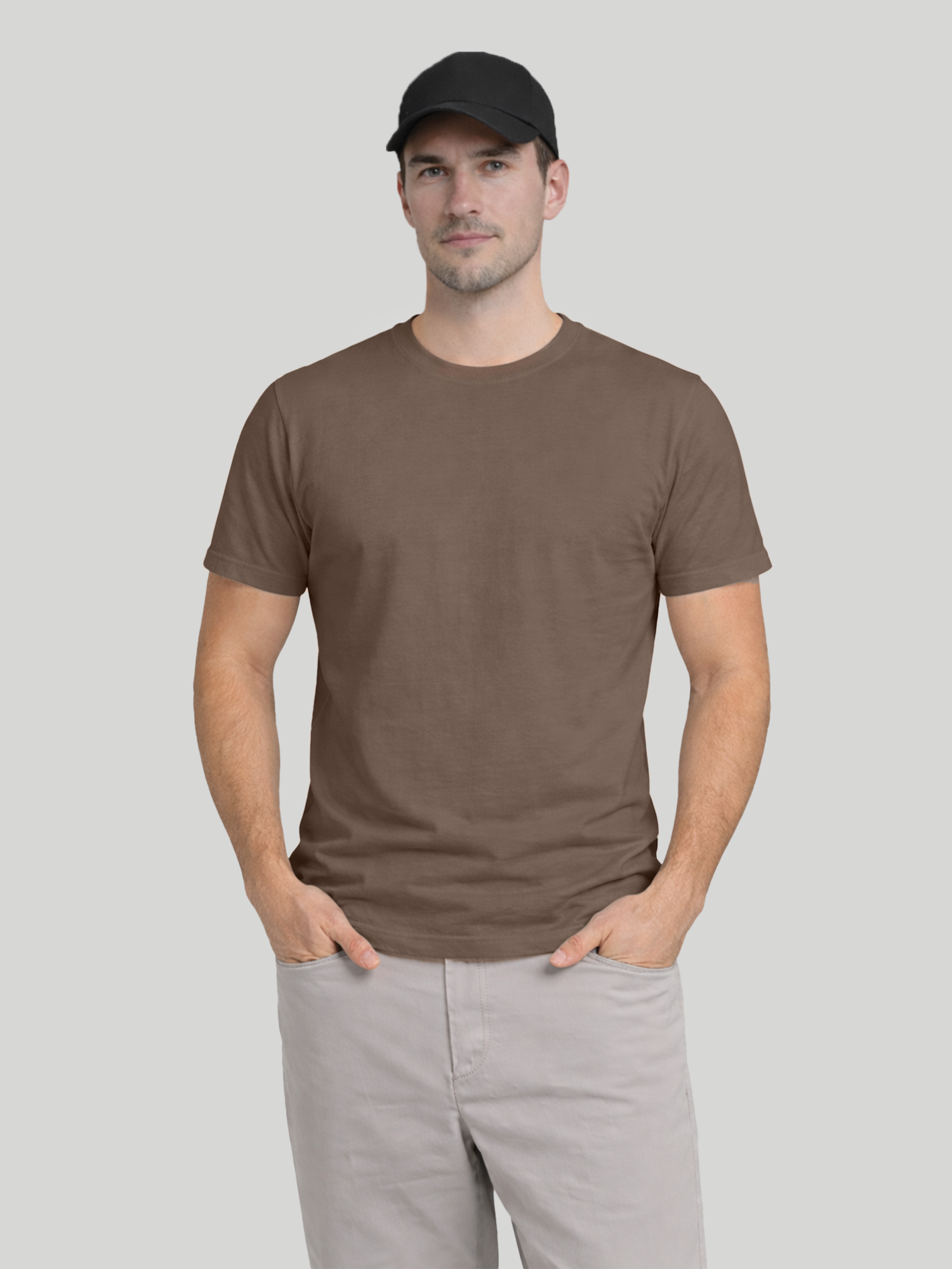 Men wearing Espresso regular fit crew neck t-shirt front view with black cap