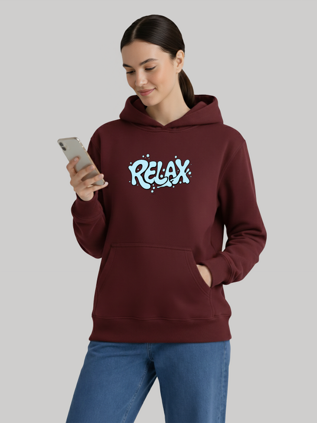 Maroon hoodie for women with RELAX graphic and front pocket