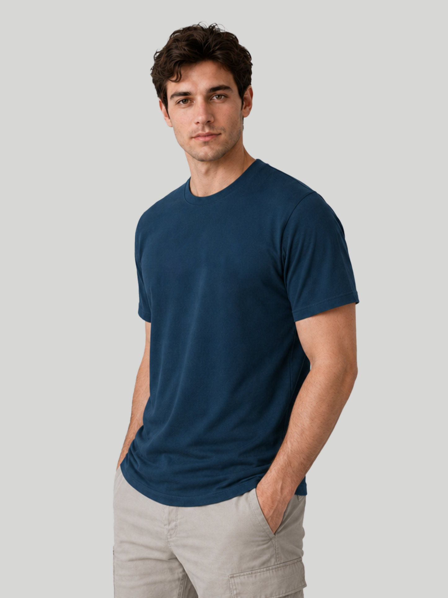 A three-quarter side view of a male model with one hand in his pocket, wearing a plain navy blue premium cotton regular round neck half-sleeve t-shirt paired with beige cargo shorts.