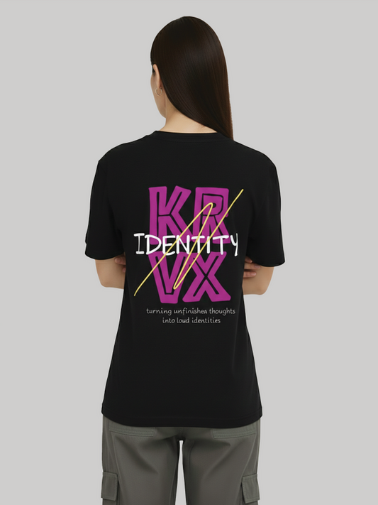 Women’s black regular fit t-shirt back view with KRVX identity graphic