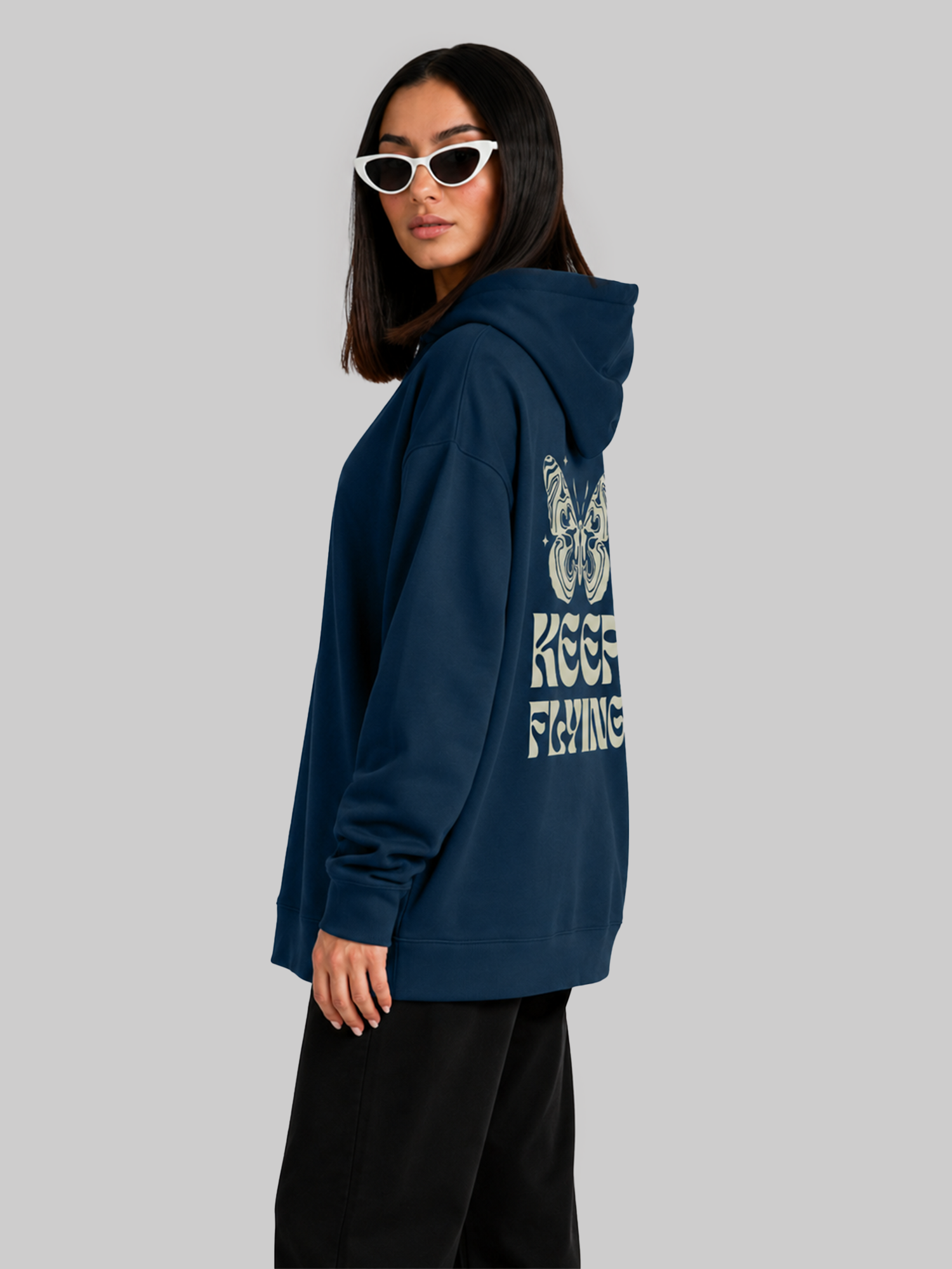 Navy Blue Women's Keep Flying Butterfly Graphic Hoodie Side Back View