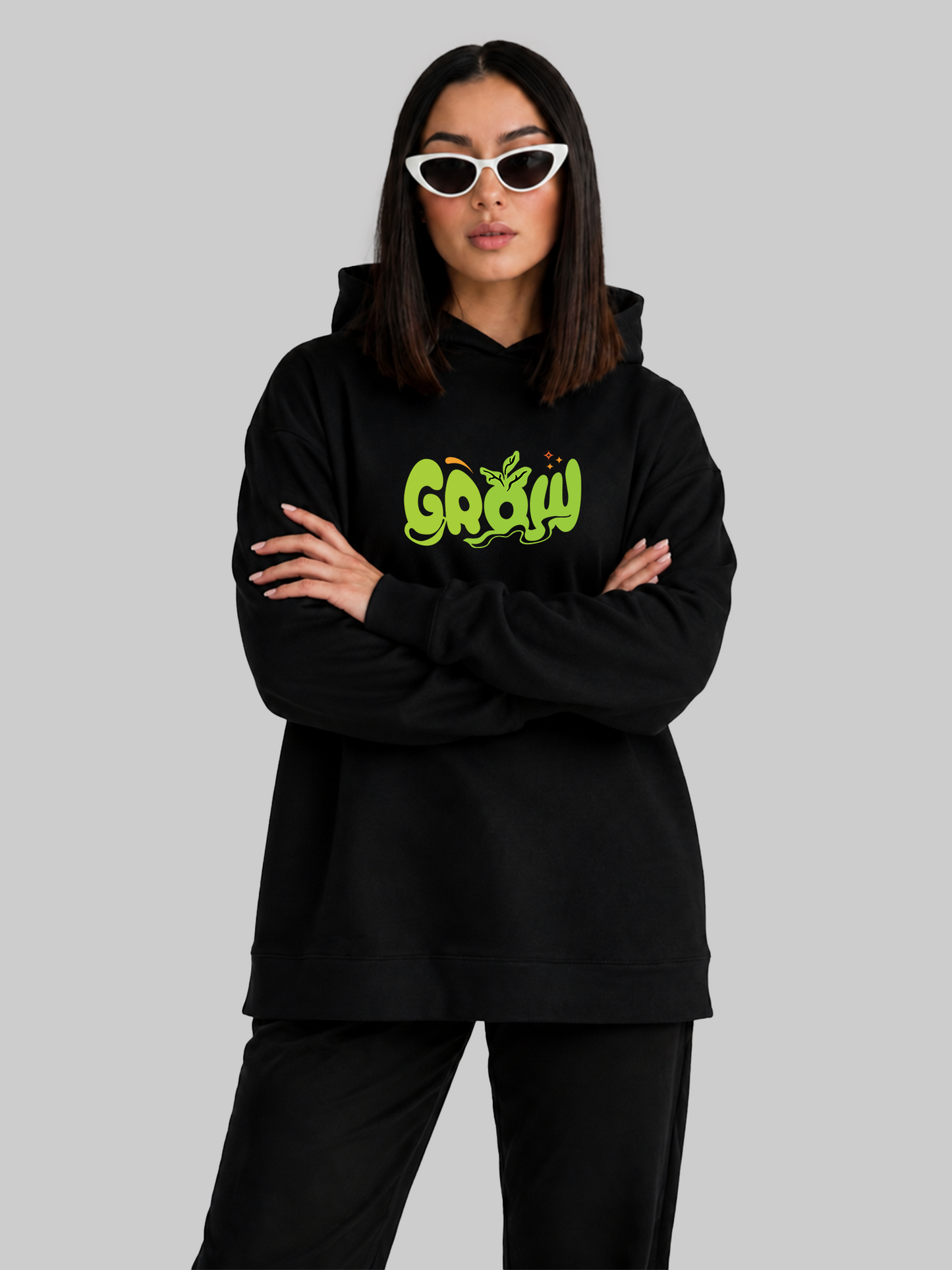 Black Grow Graphic Oversized Hoodie Arms Crossed Pose