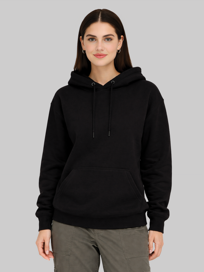 Women wearing Febora black hoodie with oversized casual streetwear style